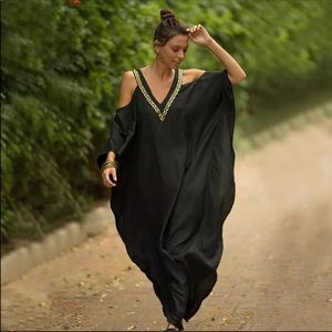 KAFTAN BEACH COVERUP BLACK W/ GOLD TRIM